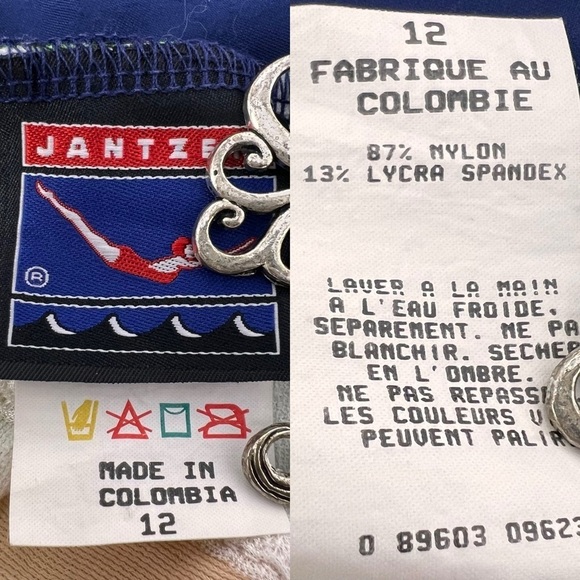 Vintage Jantzen One Piece Racerback Swim Suit Navy Blue Lime Green Retro Size 12 - Picture 3 of 11